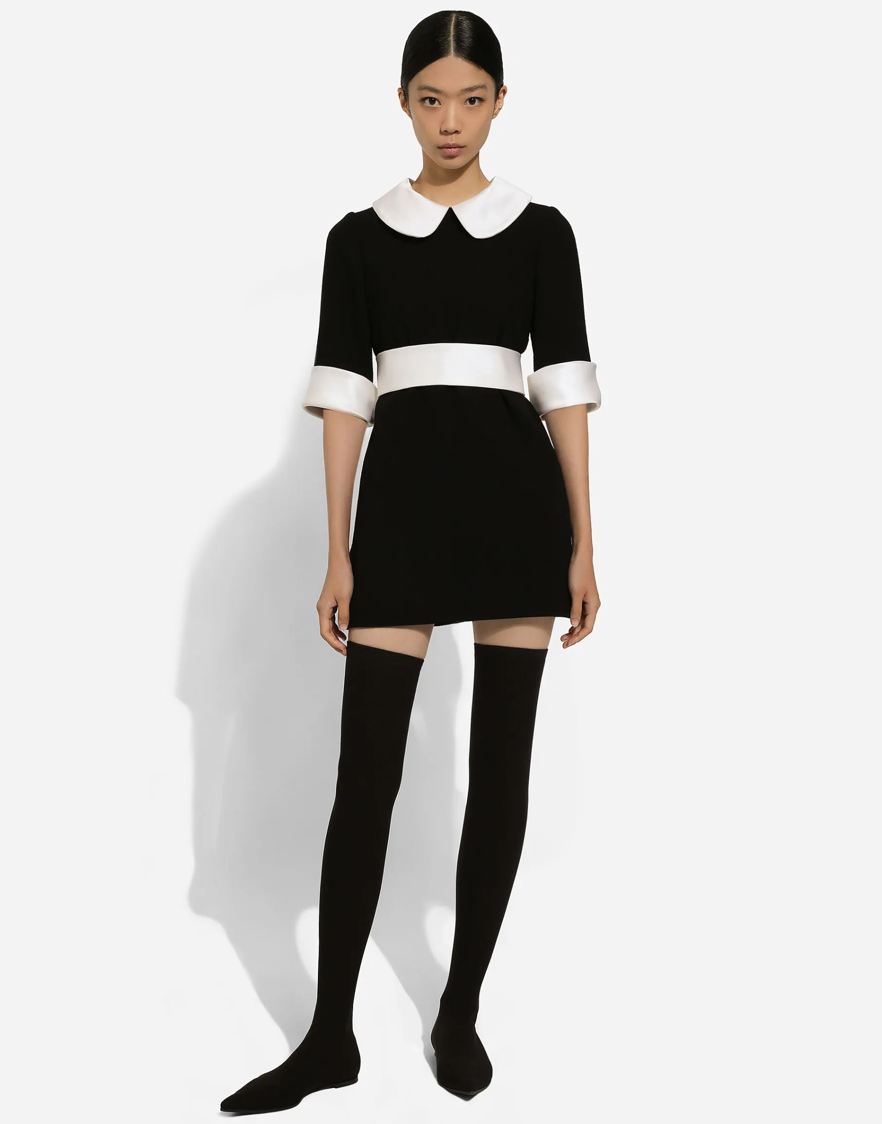 Short wool crepe dress with satin details