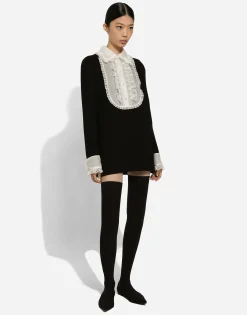 Short wool crepe dress with organza shirt front