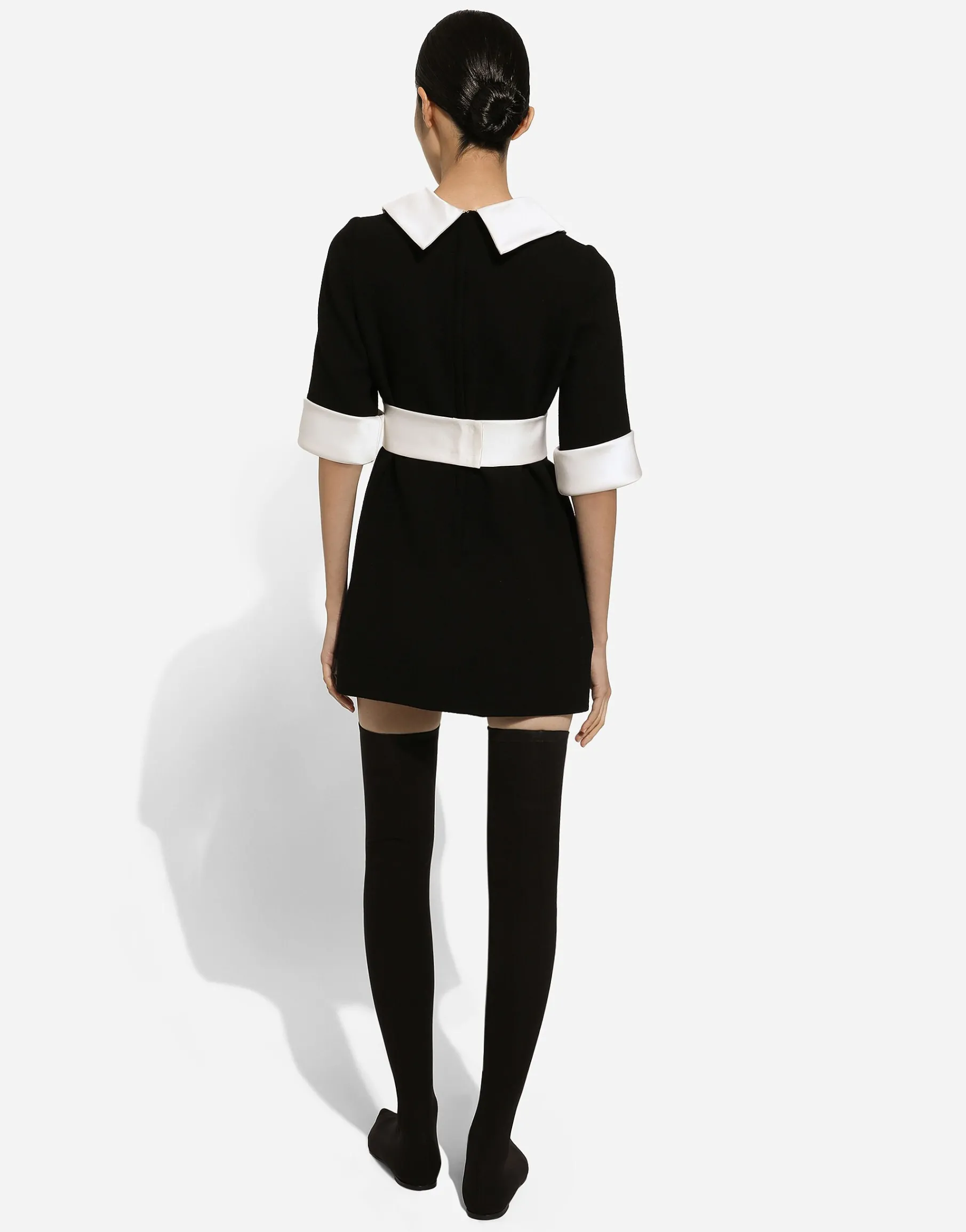Short wool crepe dress with satin details