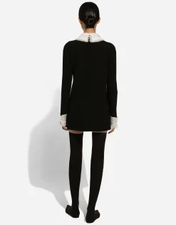 Short wool crepe dress with organza shirt front