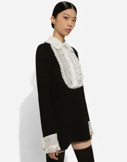 Short wool crepe dress with organza shirt front
