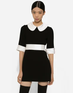 Short wool crepe dress with satin details