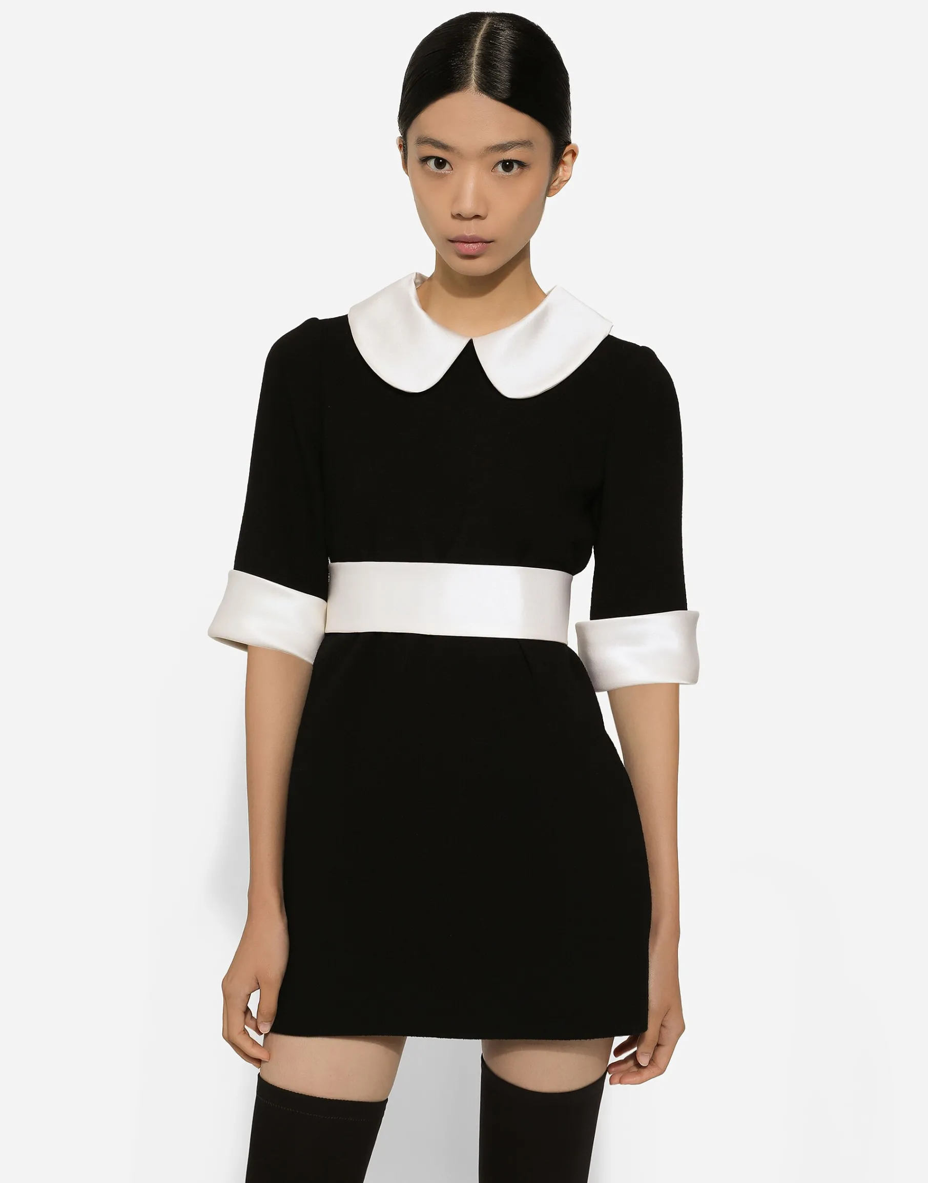Short wool crepe dress with satin details