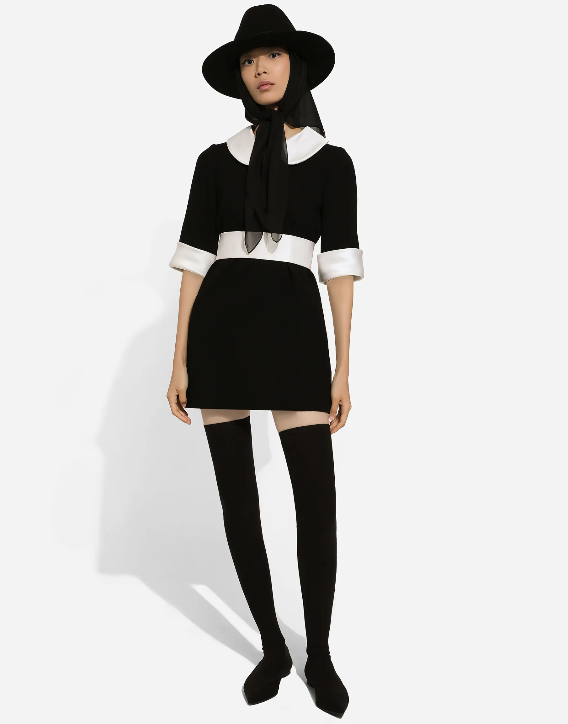 Short wool crepe dress with satin details