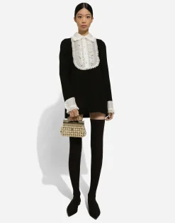 Short wool crepe dress with organza shirt front