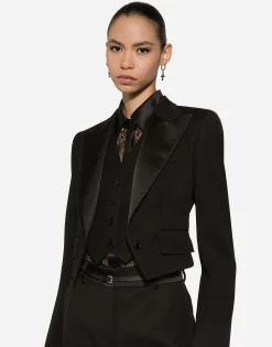 Short wool gabardine jacket with vest
