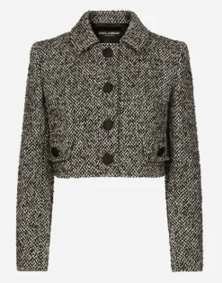 Short wool micro-tweed jacket