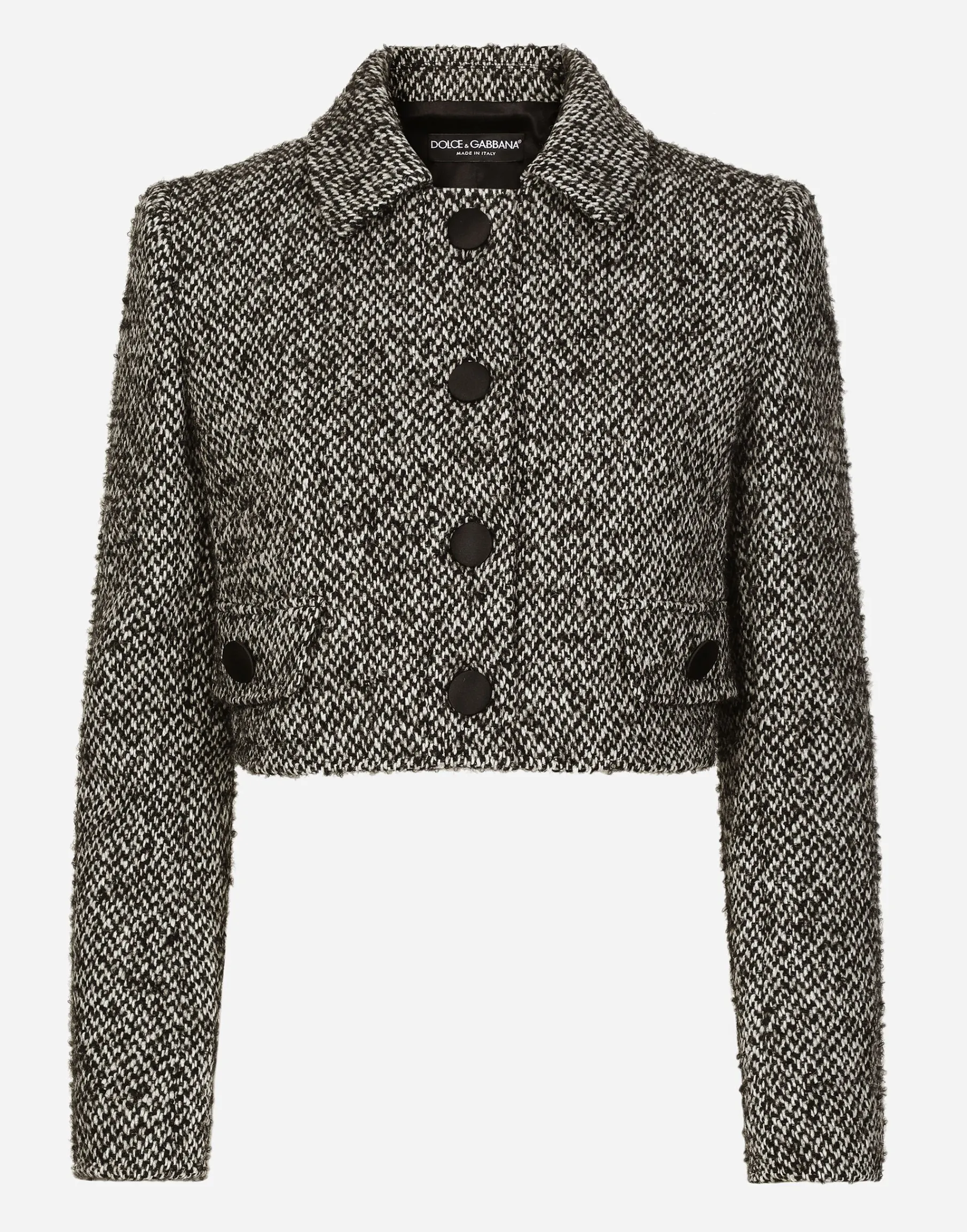 Short wool micro-tweed jacket