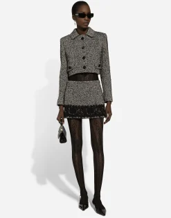 Short wool micro-tweed jacket