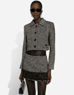 Short wool micro-tweed jacket