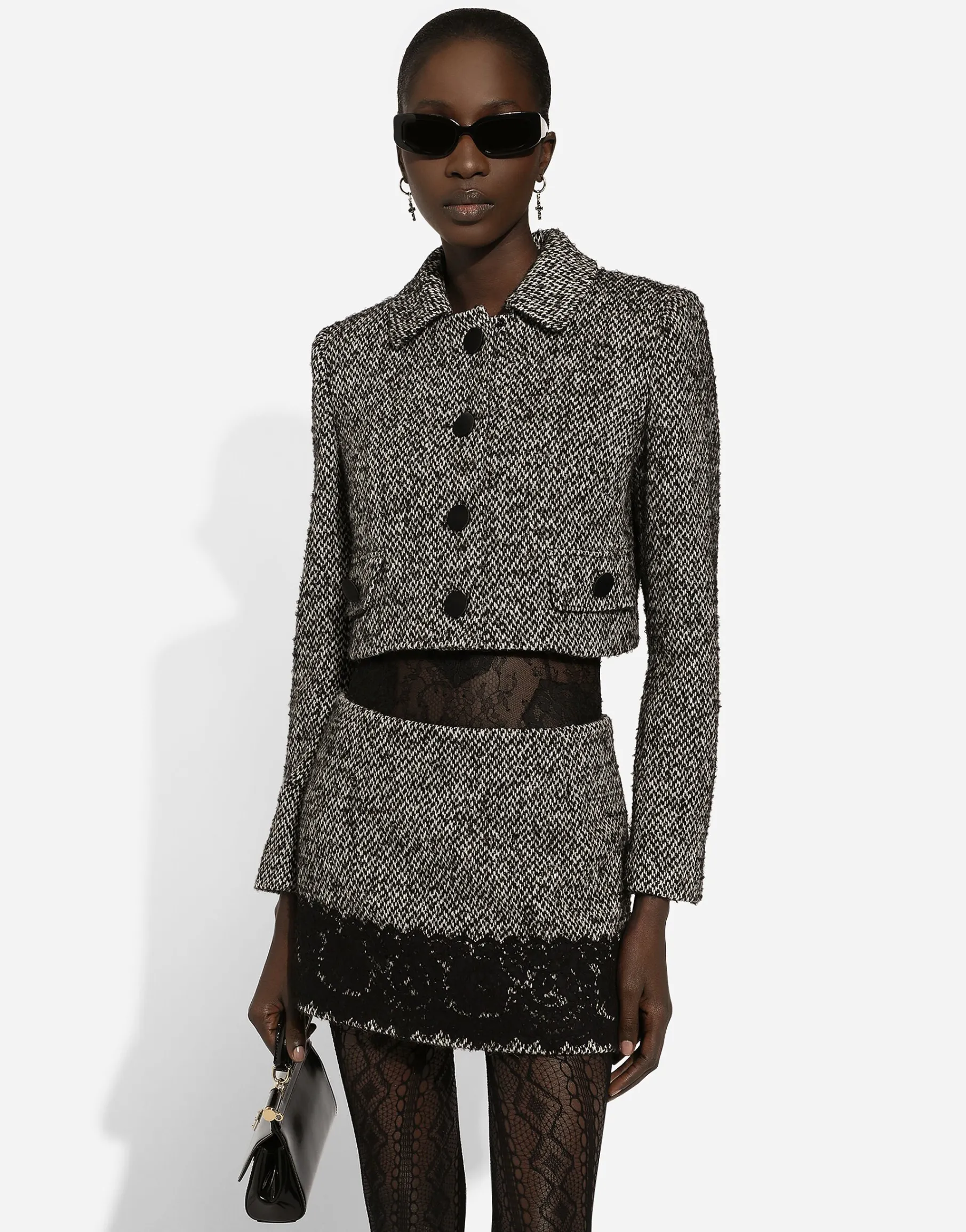 Short wool micro-tweed jacket