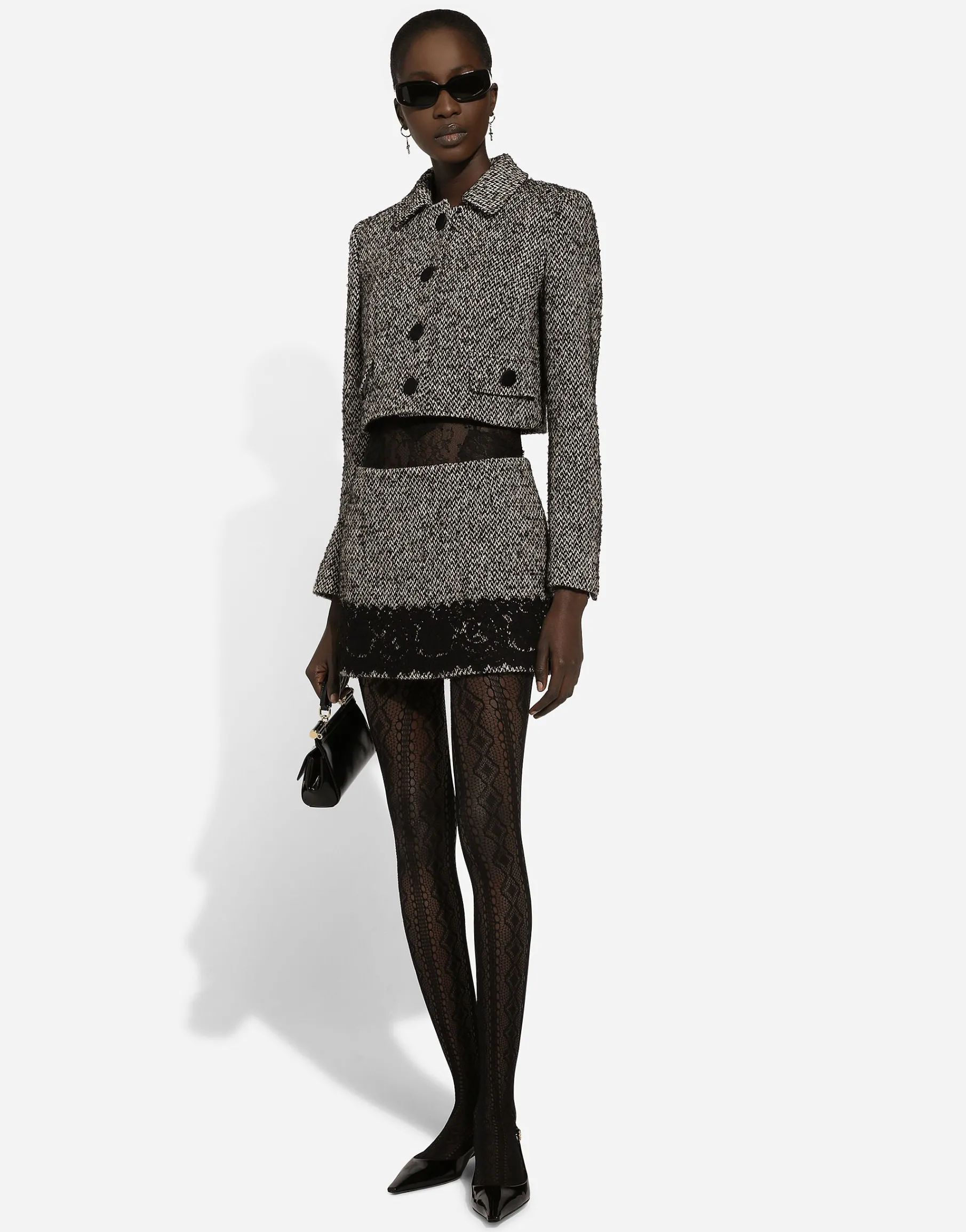 Short wool micro-tweed jacket