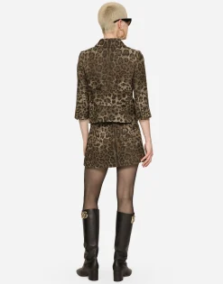 Short wool skirt with jacquard leopard design