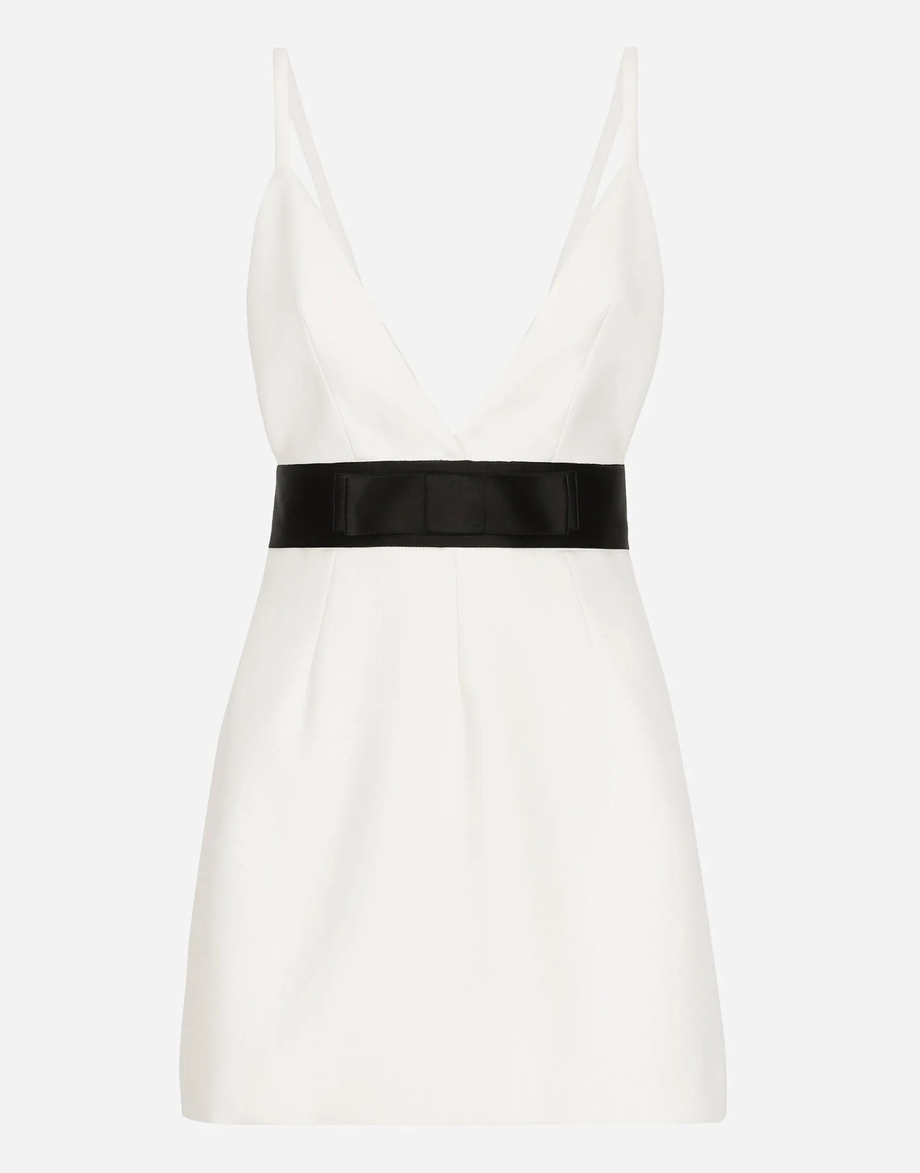 Short woolen dress with satin belt and straps