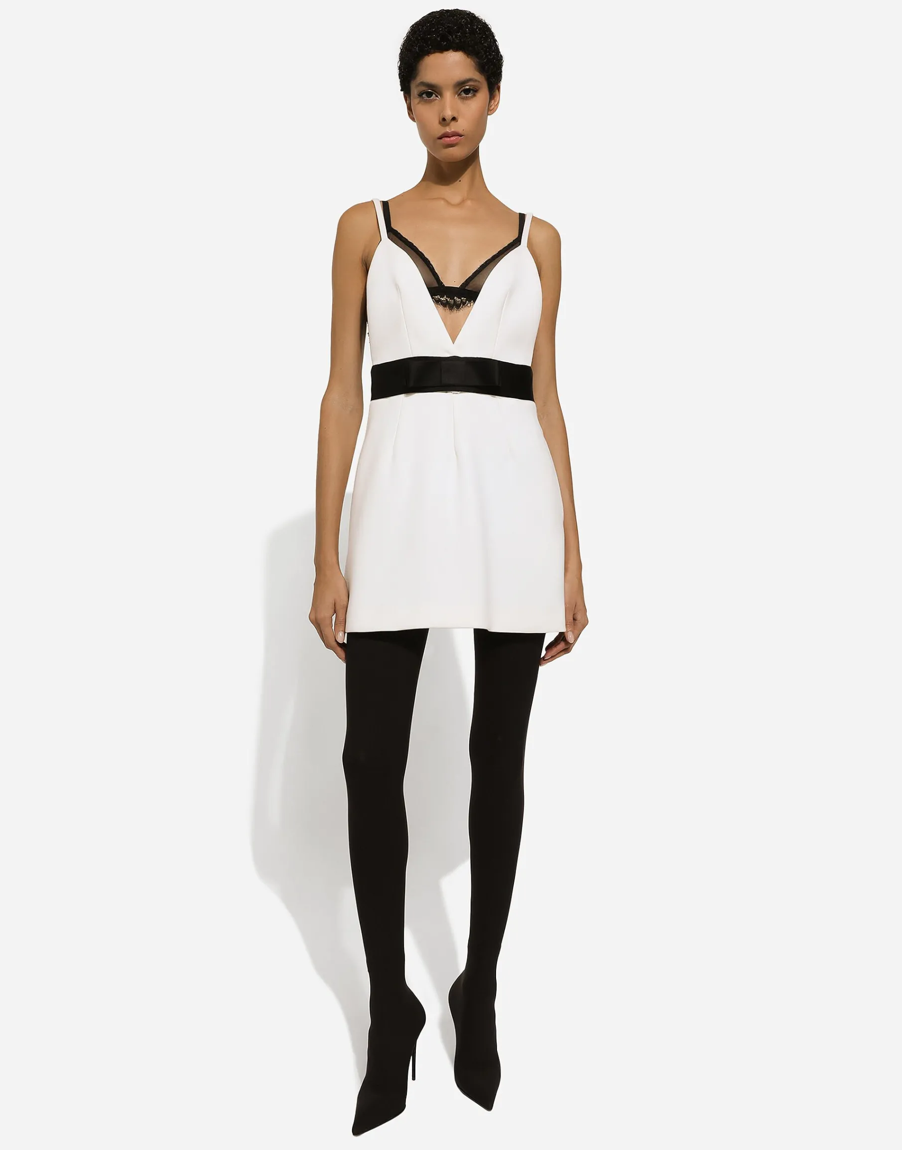 Short woolen dress with satin belt and straps