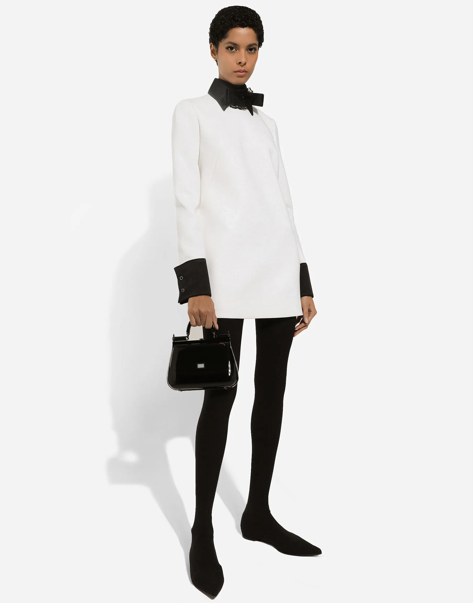 Short woolen dress with satin details