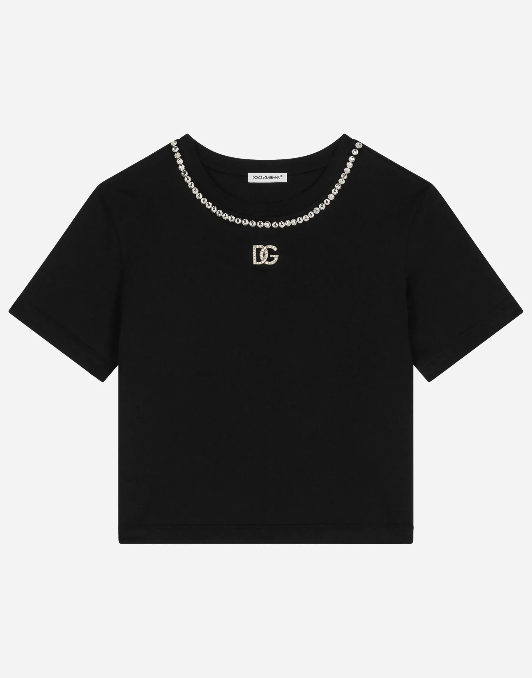 Short-sleeved jersey T-shirt with rhinestones