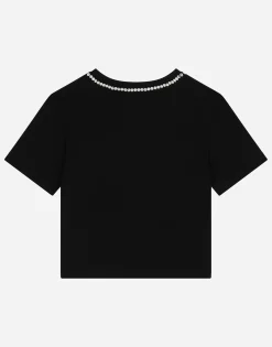 Short-sleeved jersey T-shirt with rhinestones