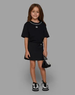 Short-sleeved jersey T-shirt with rhinestones