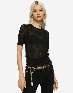 Short-sleeved lace-stitch sweater with DG logo