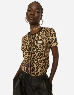 Short-sleeved leopard-print jersey T-shirt