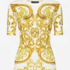 Short-sleeved majolica-print stretch viscose sweater