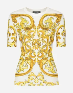 Short-sleeved majolica-print stretch viscose sweater