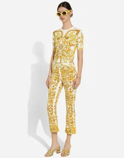 Short-sleeved majolica-print stretch viscose sweater