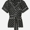 Short-sleeved silk pajama shirt with polka-dot print