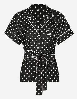 Short-sleeved silk pajama shirt with polka-dot print