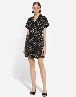 Short-sleeved silk pajama shirt with polka-dot print