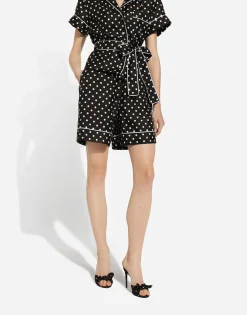 Short-sleeved silk pajama shirt with polka-dot print