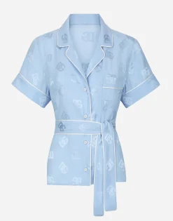 Short-sleeved silk satin jacquard pajama shirt with DG logo