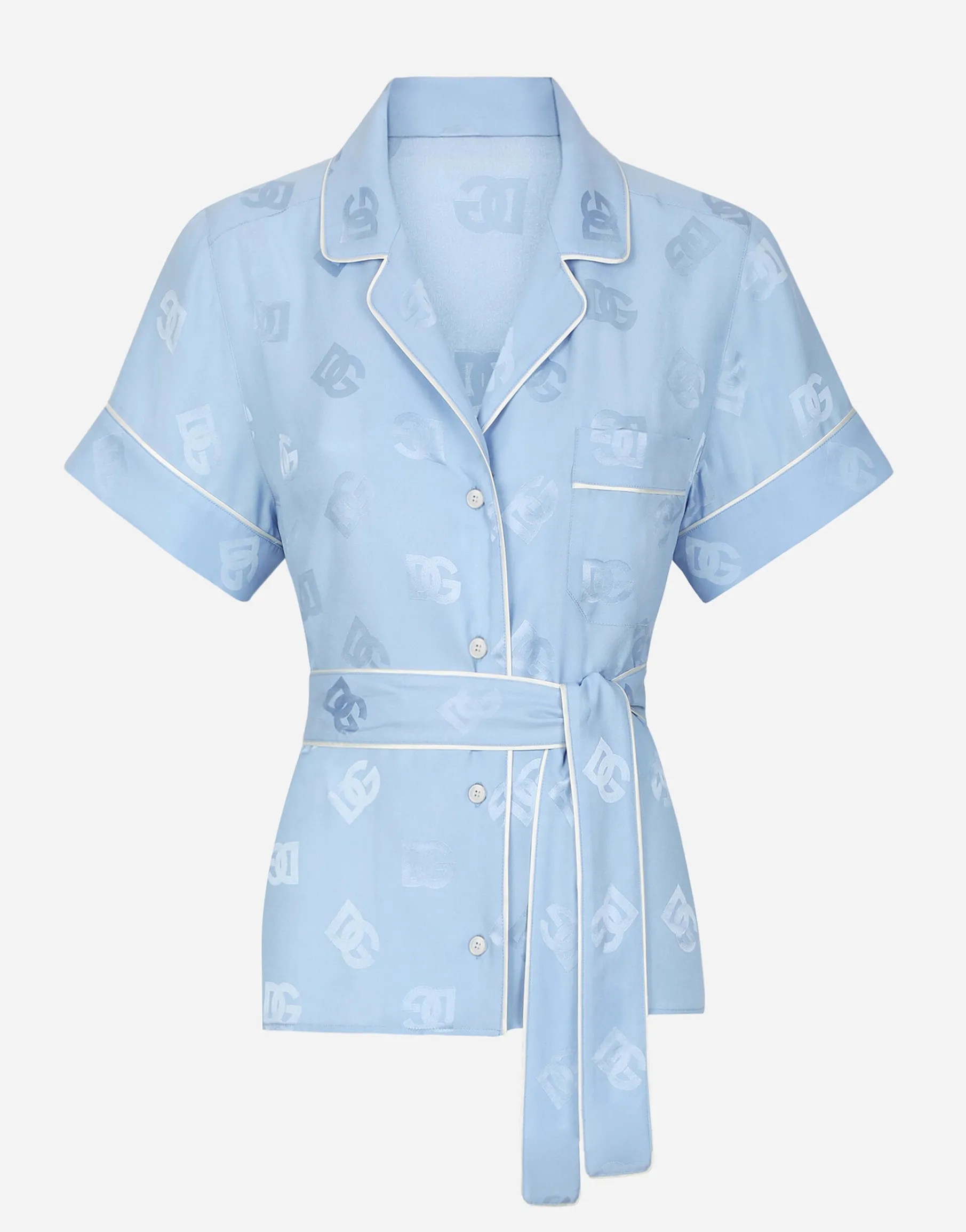 Short-sleeved silk satin jacquard pajama shirt with DG logo