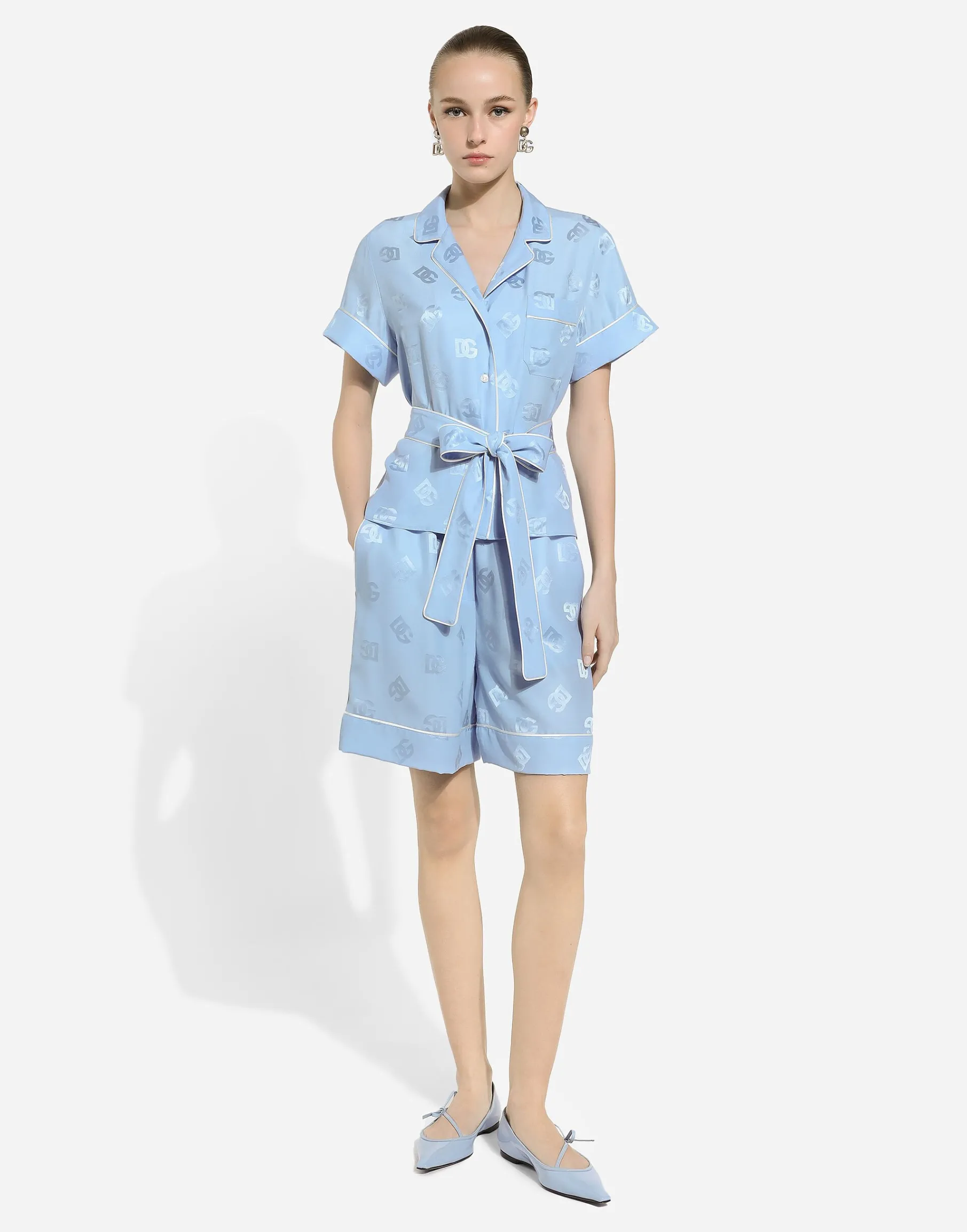 Short-sleeved silk satin jacquard pajama shirt with DG logo