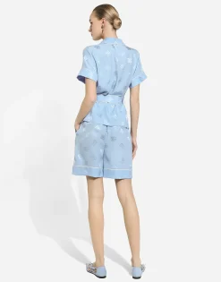 Short-sleeved silk satin jacquard pajama shirt with DG logo