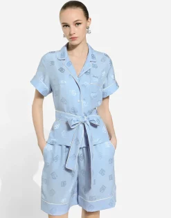 Short-sleeved silk satin jacquard pajama shirt with DG logo