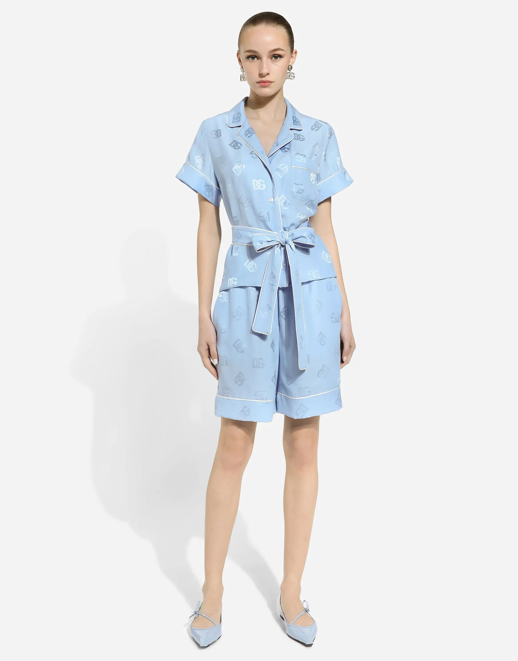 Short-sleeved silk satin jacquard pajama shirt with DG logo