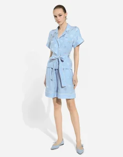 Short-sleeved silk satin jacquard pajama shirt with DG logo