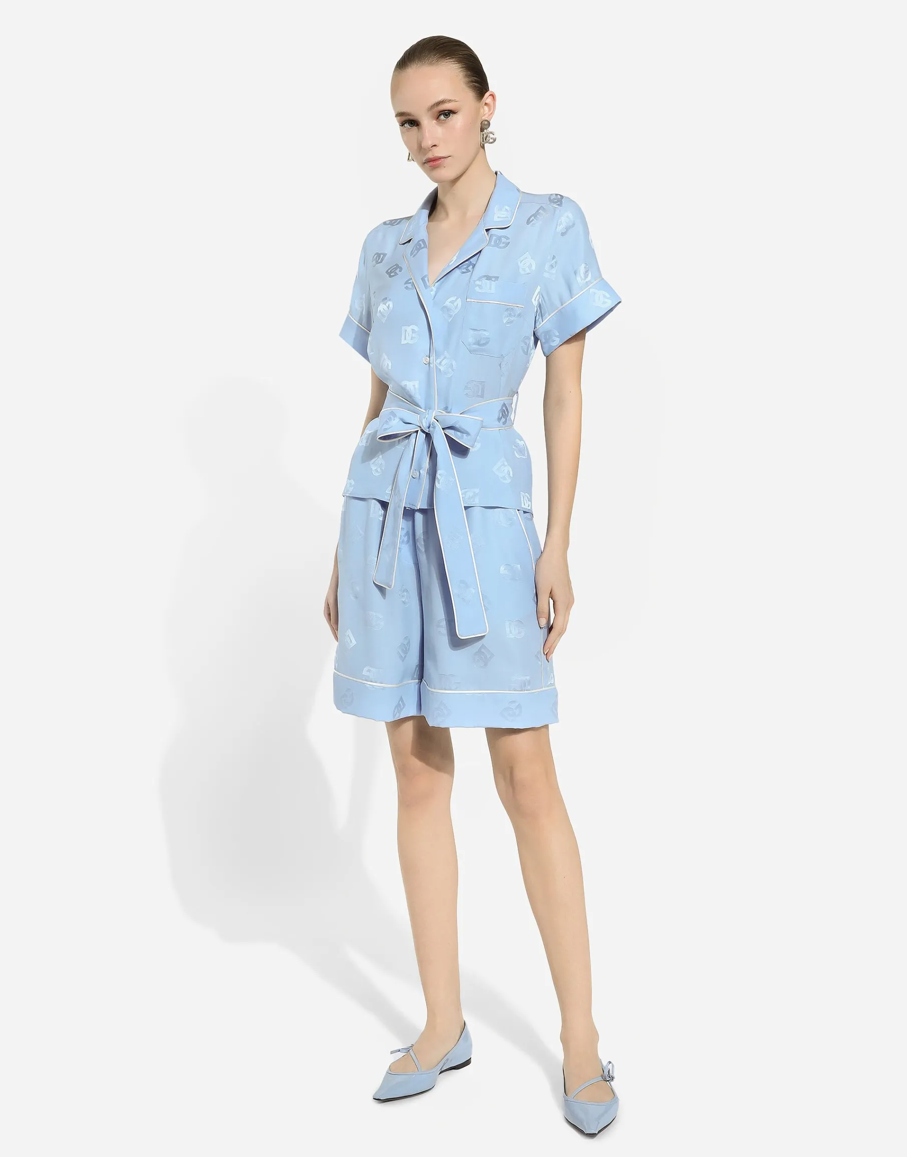 Short-sleeved silk satin jacquard pajama shirt with DG logo