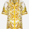 Short-sleeved silk twill shirt with majolica print
