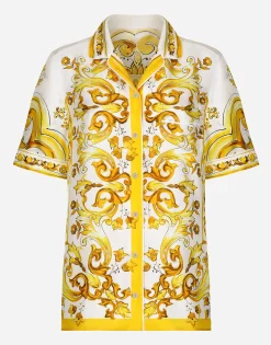 Short-sleeved silk twill shirt with majolica print