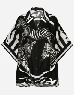 Short-sleeved twill shirt with zebra print