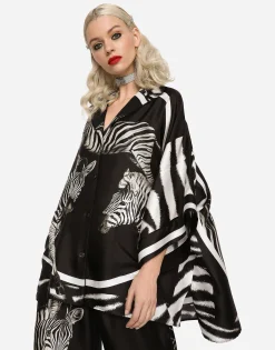 Short-sleeved twill shirt with zebra print