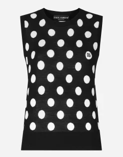 Silk and wool tank top with polka-dot inlay