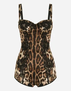 Silk balconette lingerie bodysuit with leopard-print lace details