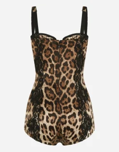 Silk balconette lingerie bodysuit with leopard-print lace details
