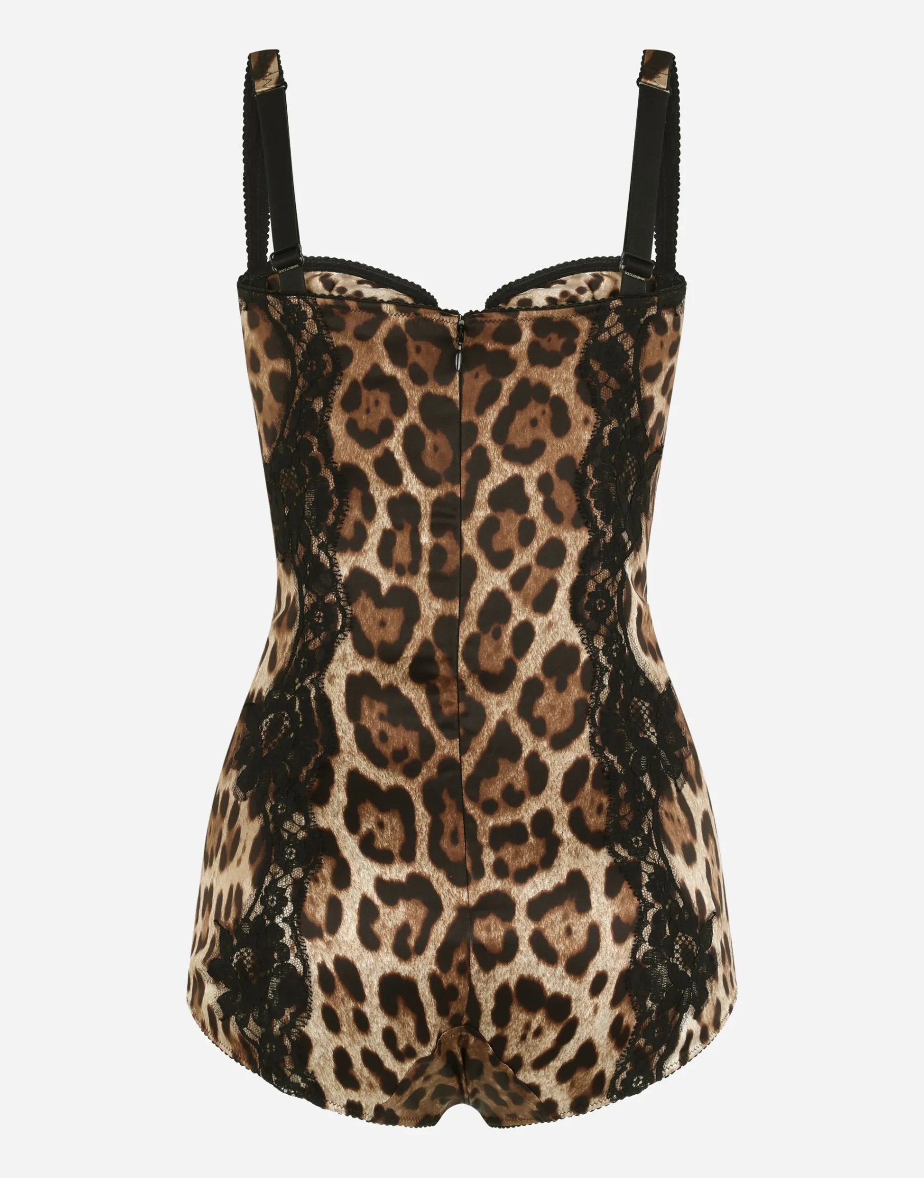 Silk balconette lingerie bodysuit with leopard-print lace details