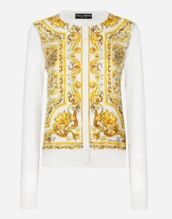 Silk cardigan with majolica-print silk twill panel on the front