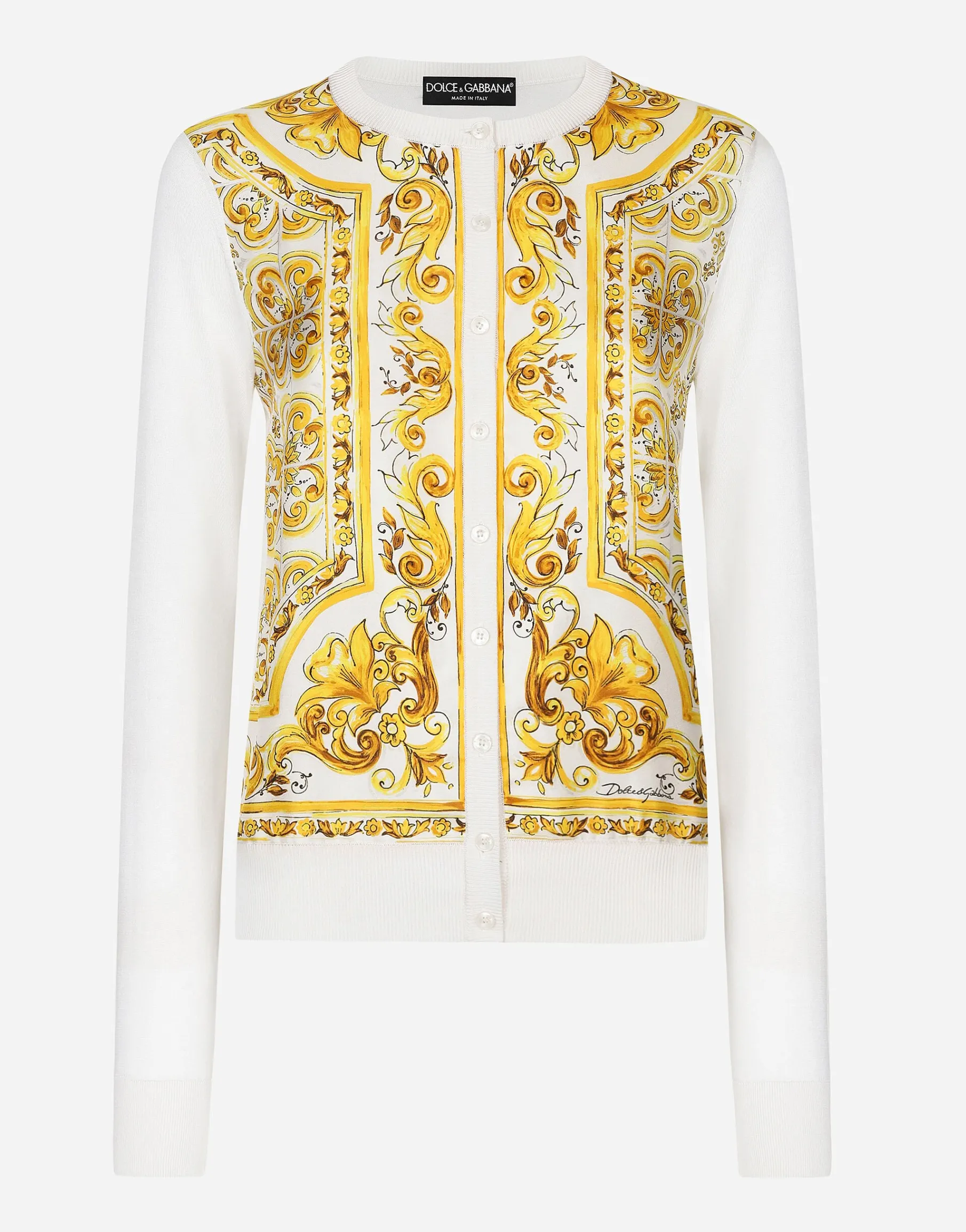 Silk cardigan with majolica-print silk twill panel on the front
